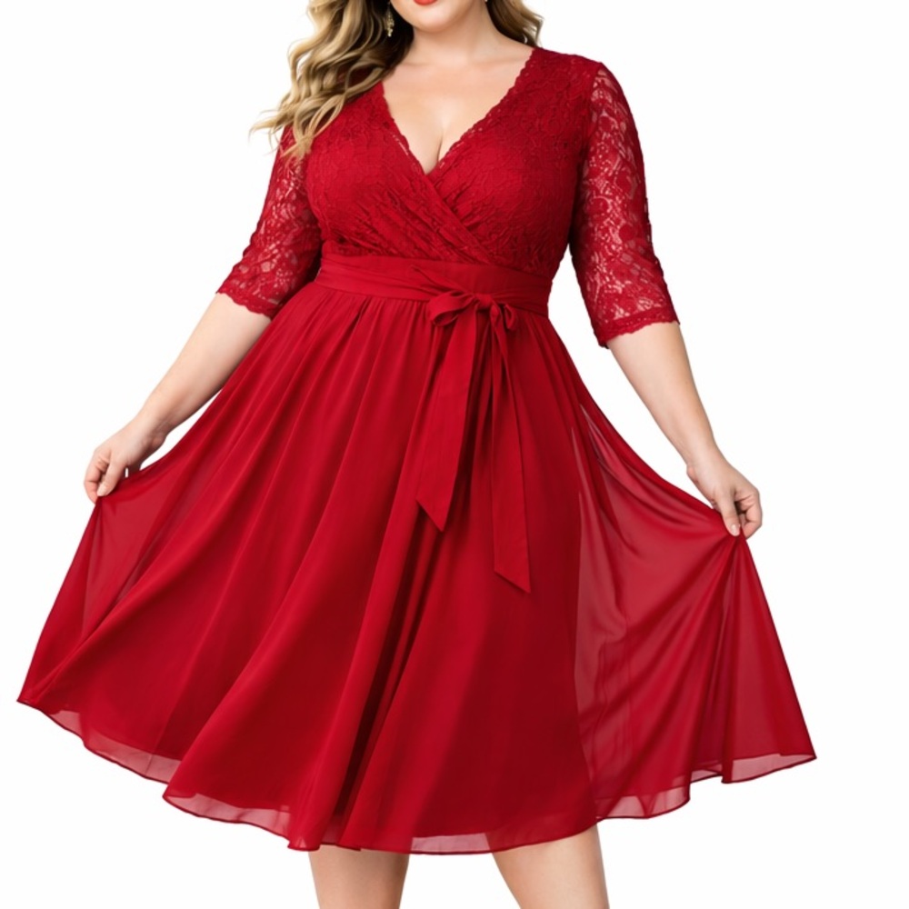 Pinup Fashion Red Lace Wrap-Style Midi‎ Dress Size 2XL 26W